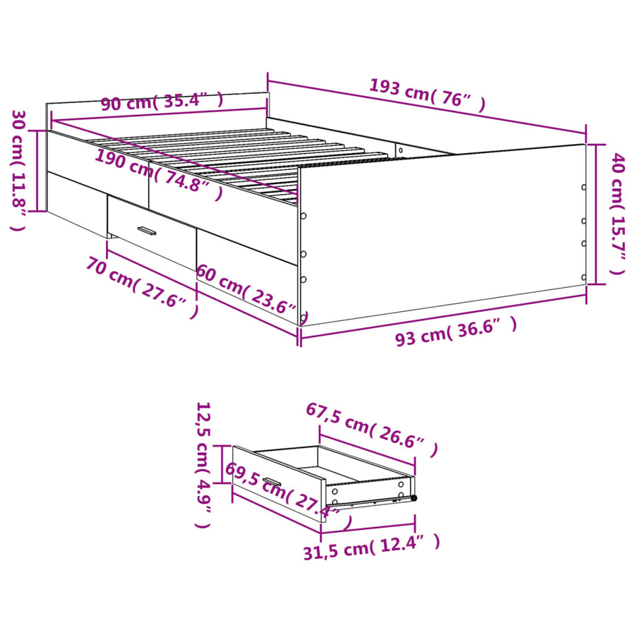 Bedframe Met Lades Bewerkt Hout 90 x 190 cm
