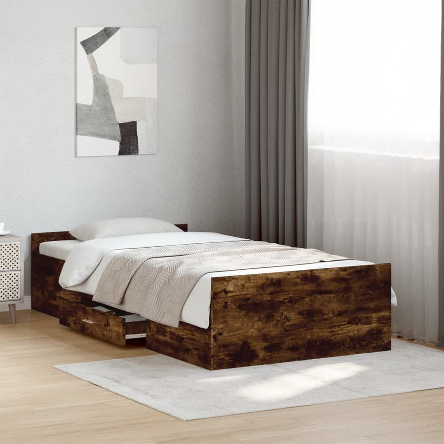 Bedframe met lades bewerkt hout gerookt eikenkleurig 90x190 cm