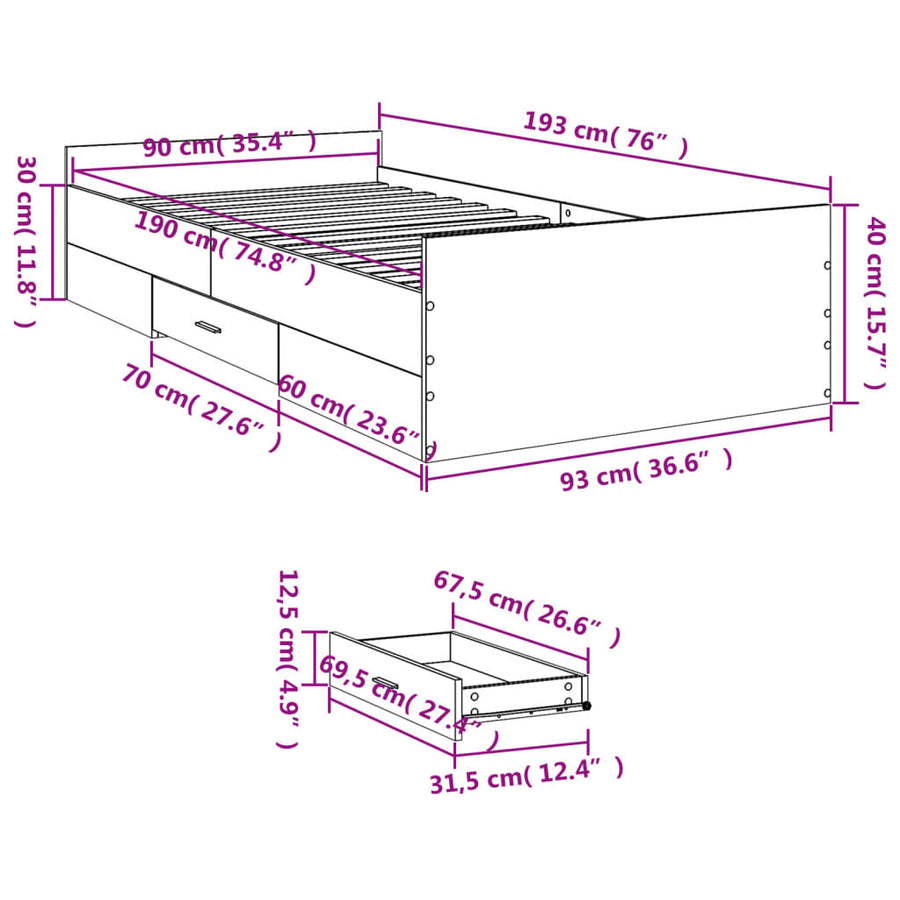 Bedframe met lades bewerkt hout gerookt eikenkleurig 90x190 cm