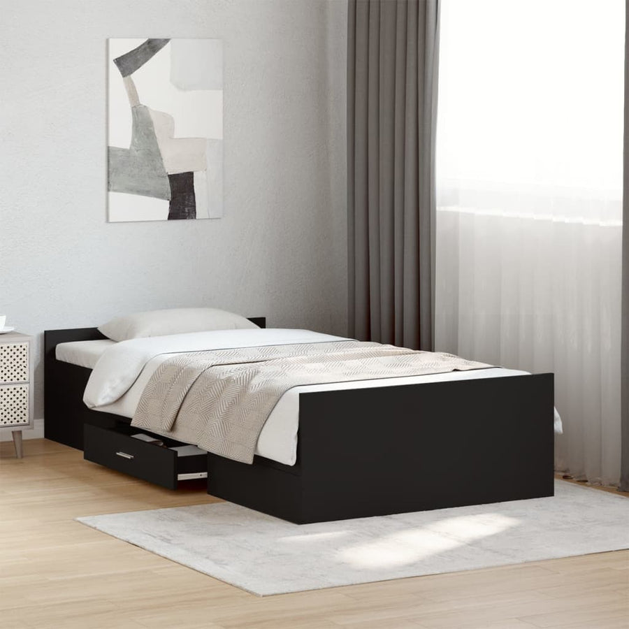 Bedframe met lades bewerkt hout zwart 75x190 cm