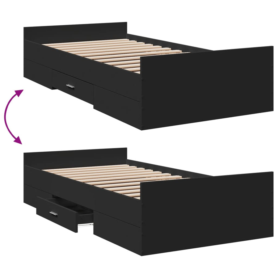 Bedframe met lades bewerkt hout zwart 75x190 cm