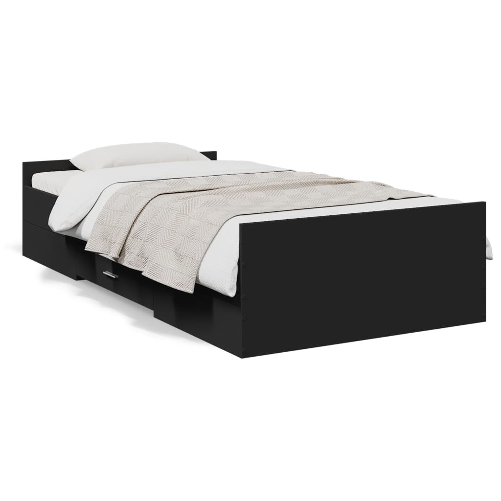 Bedframe met lades bewerkt hout zwart 75x190 cm