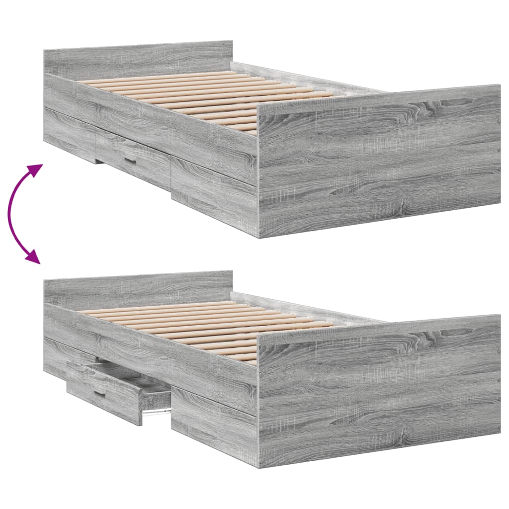Bedframe met lades bewerkt hout grijs sonoma eiken 75x190 cm