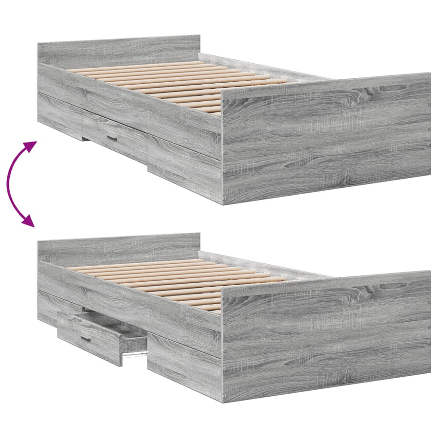 Bedframe met lades bewerkt hout grijs sonoma eiken 75x190 cm