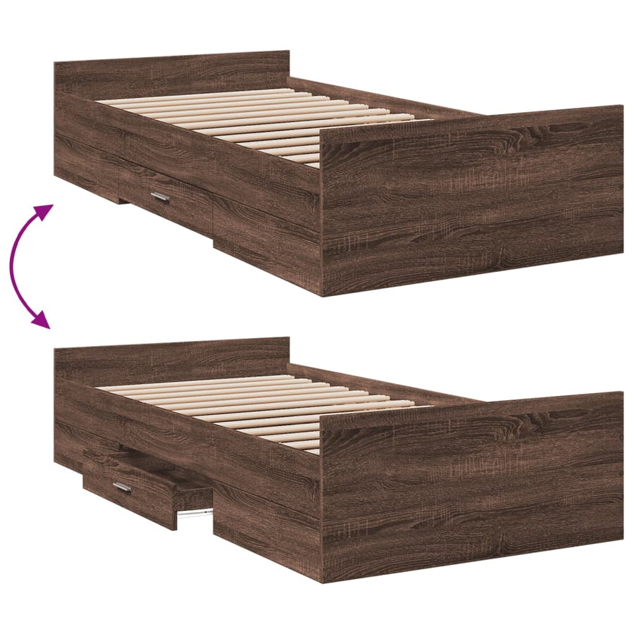 Bedframe met lades bewerkt hout bruineikenkleurig 75x190 cm