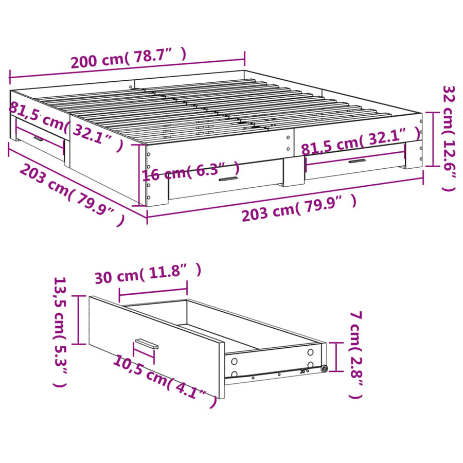 Bedframe met lades bewerkt hout wit 200x200 cm