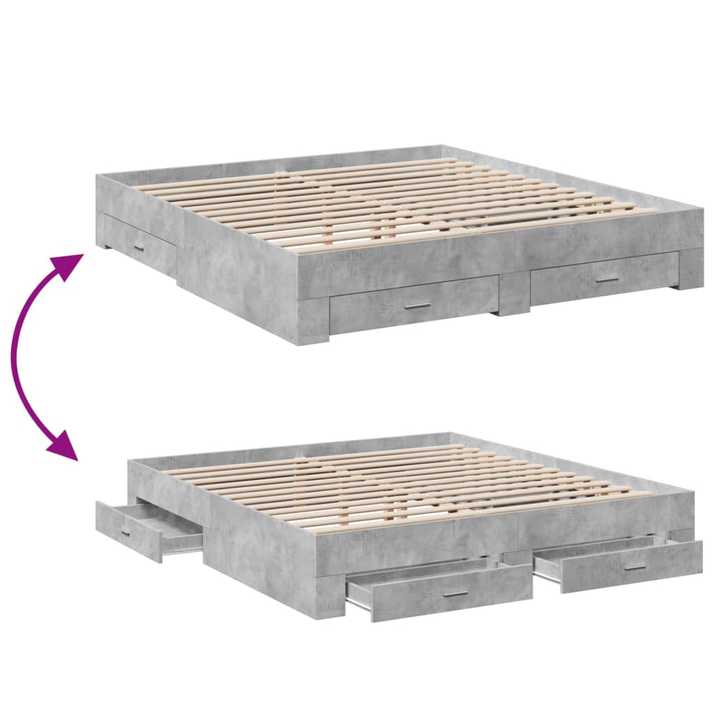Bedframe met lades bewerkt hout betongrijs 200x200 cm