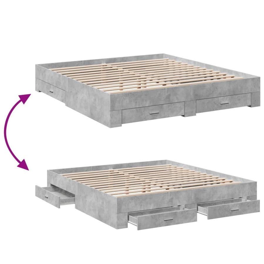 Bedframe met lades bewerkt hout betongrijs 200x200 cm