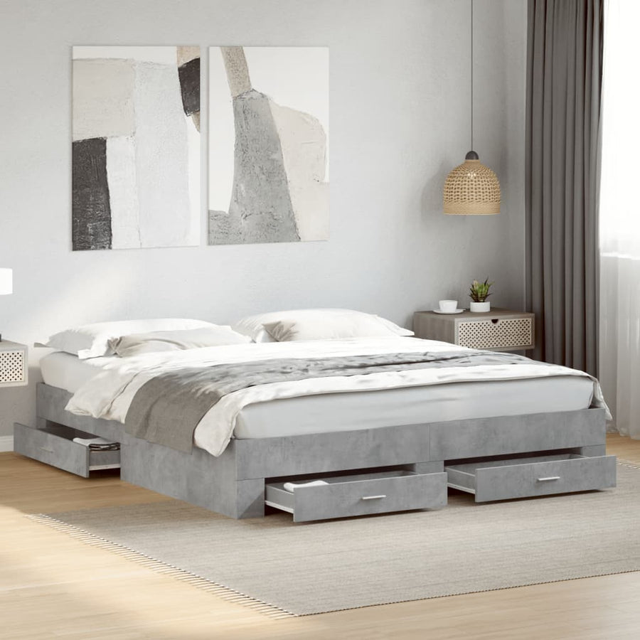 Bedframe met lades bewerkt hout betongrijs 200x200 cm