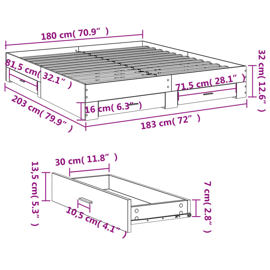 Bedframe met lades bewerkt hout grijs sonoma eiken 180x200 cm