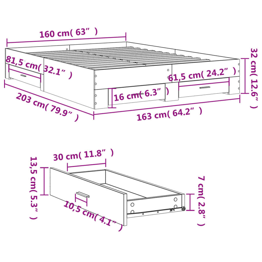 Bedframe met lades bewerkt hout wit 160x200 cm