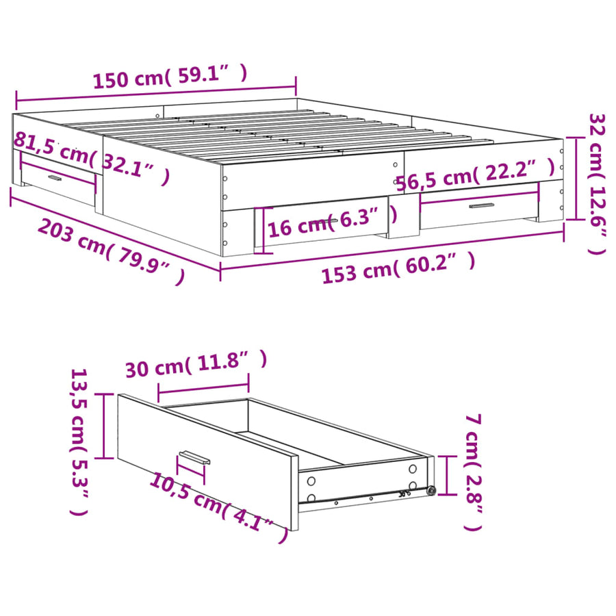 Bedframe met lades bewerkt hout sonoma eikenkleurig 150x200 cm