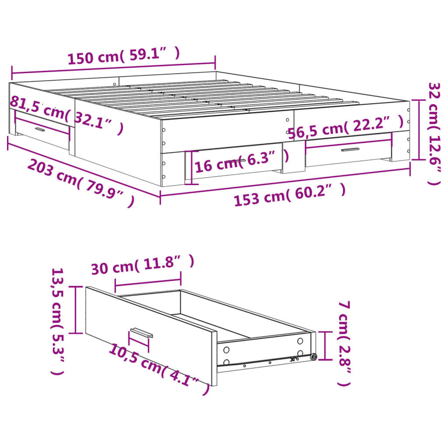 Bedframe met lades bewerkt hout betongrijs 150x200 cm