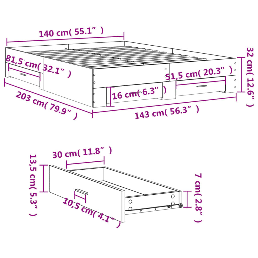 Bedframe met lades bewerkt hout betongrijs 140x200 cm