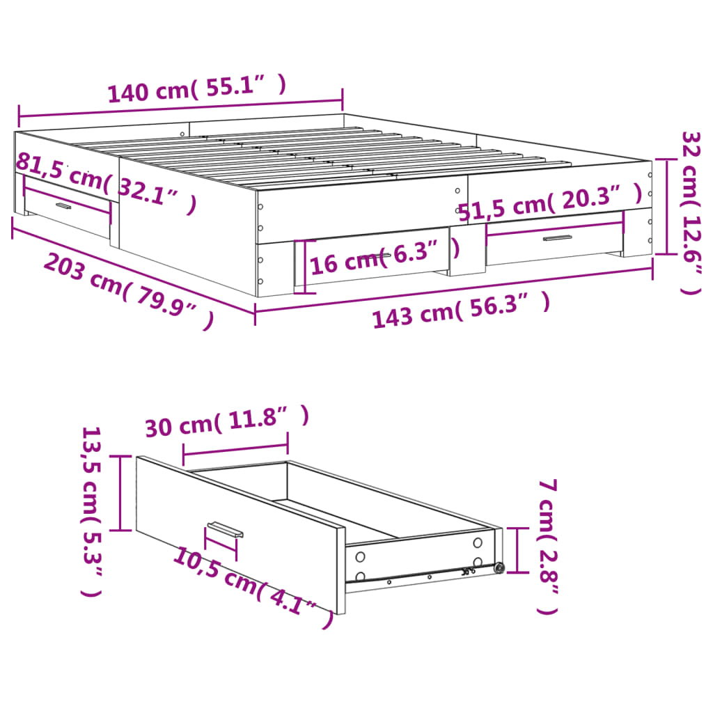 Bedframe met lades bewerkt hout grijs sonoma eiken 140x200 cm