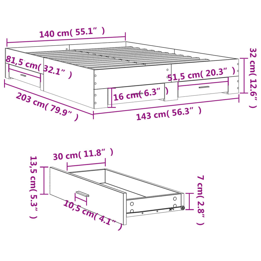 Bedframe met lades bewerkt hout grijs sonoma eiken 140x200 cm