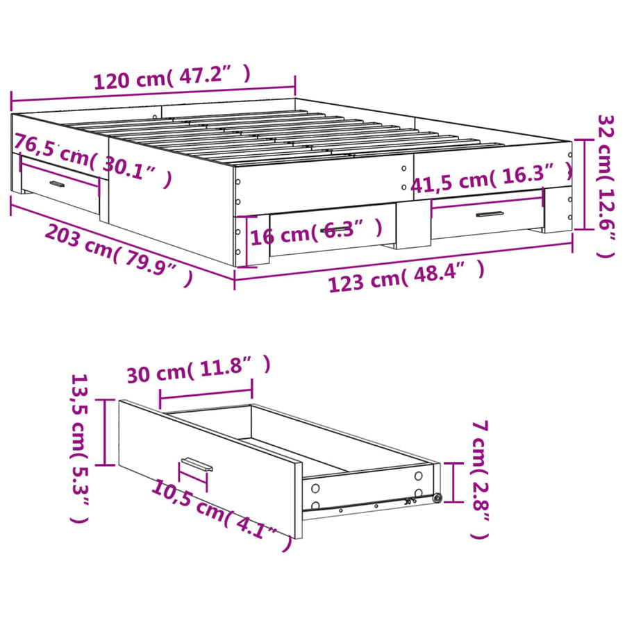 Bedframe met lades bewerkt hout grijs sonoma eiken 120x200 cm