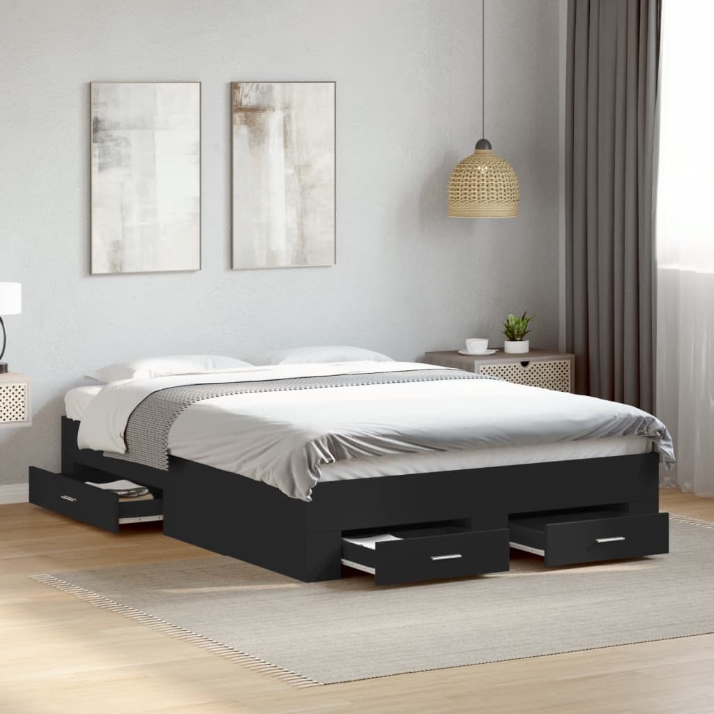 Bedframe met lades bewerkt hout zwart 140x190 cm