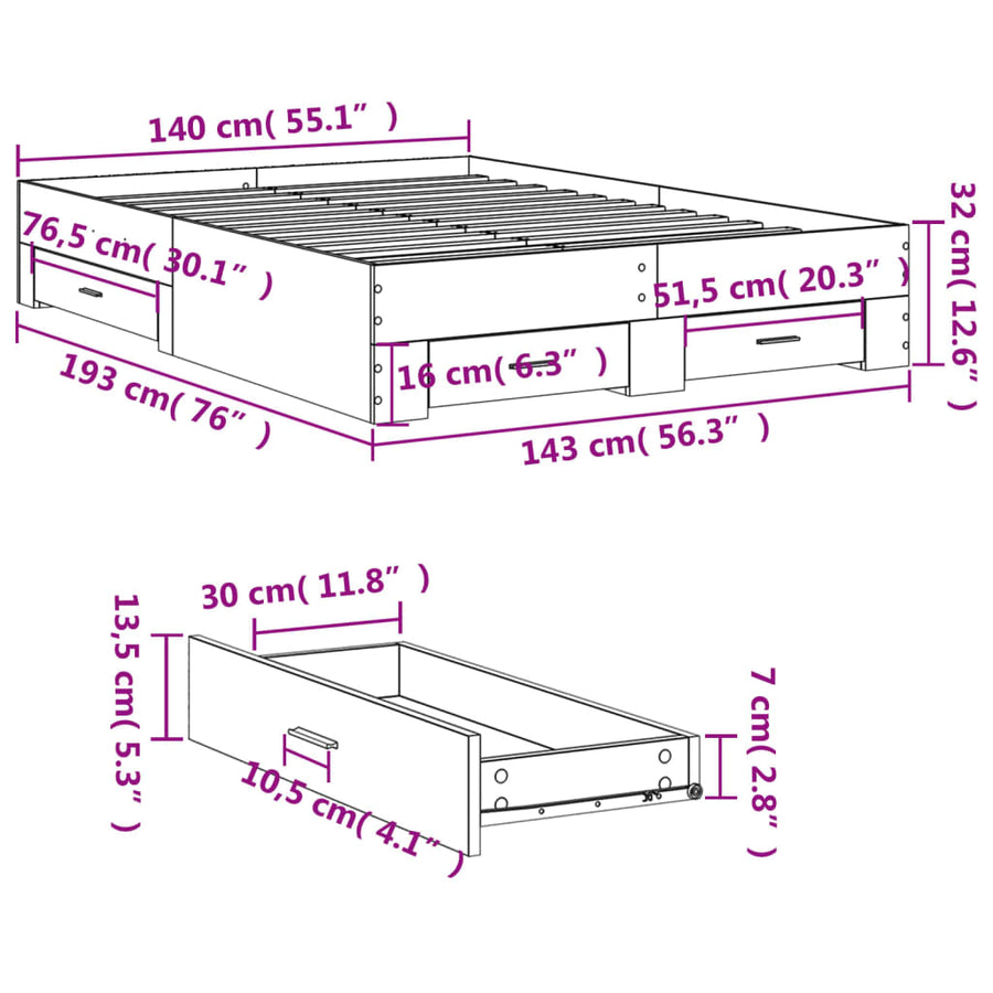 Bedframe met lades bewerkt hout gerookt eikenkleurig 140x190 cm