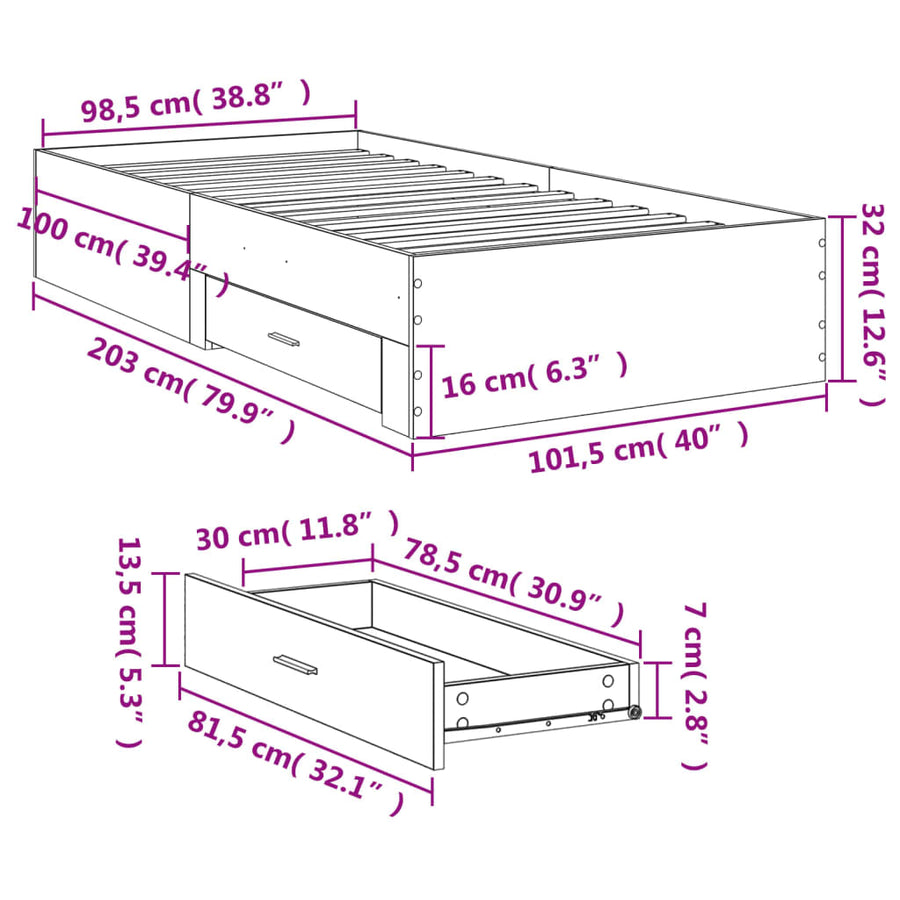 Bedframe met lades bewerkt hout betongrijs 100x200 cm