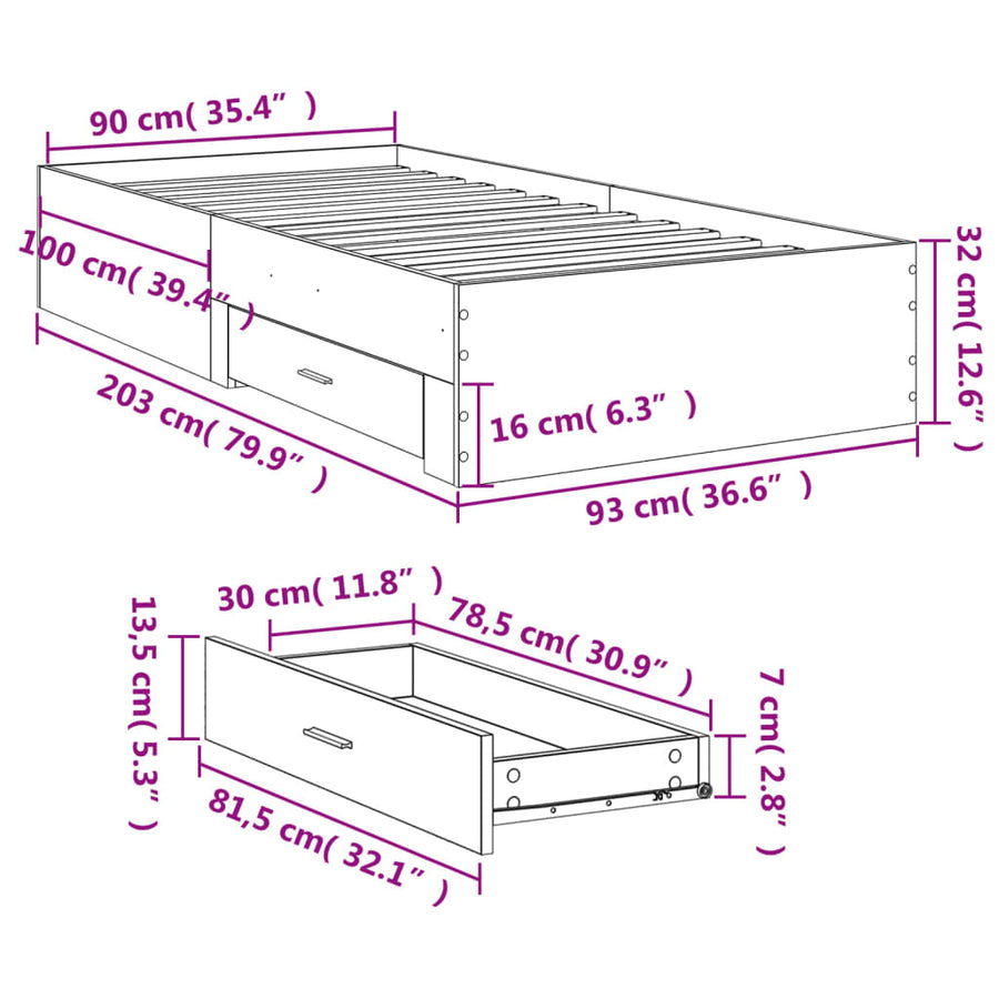 Bedframe met lades bewerkt hout sonoma eikenkleurig 90x200 cm