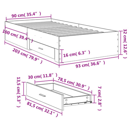 Bedframe met lades bewerkt hout betongrijs 90x200 cm