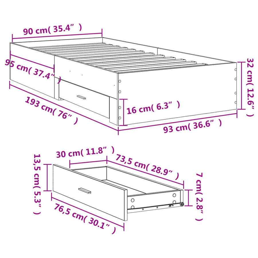 Bedframe met lades bewerkt hout betongrijs 90x190 cm