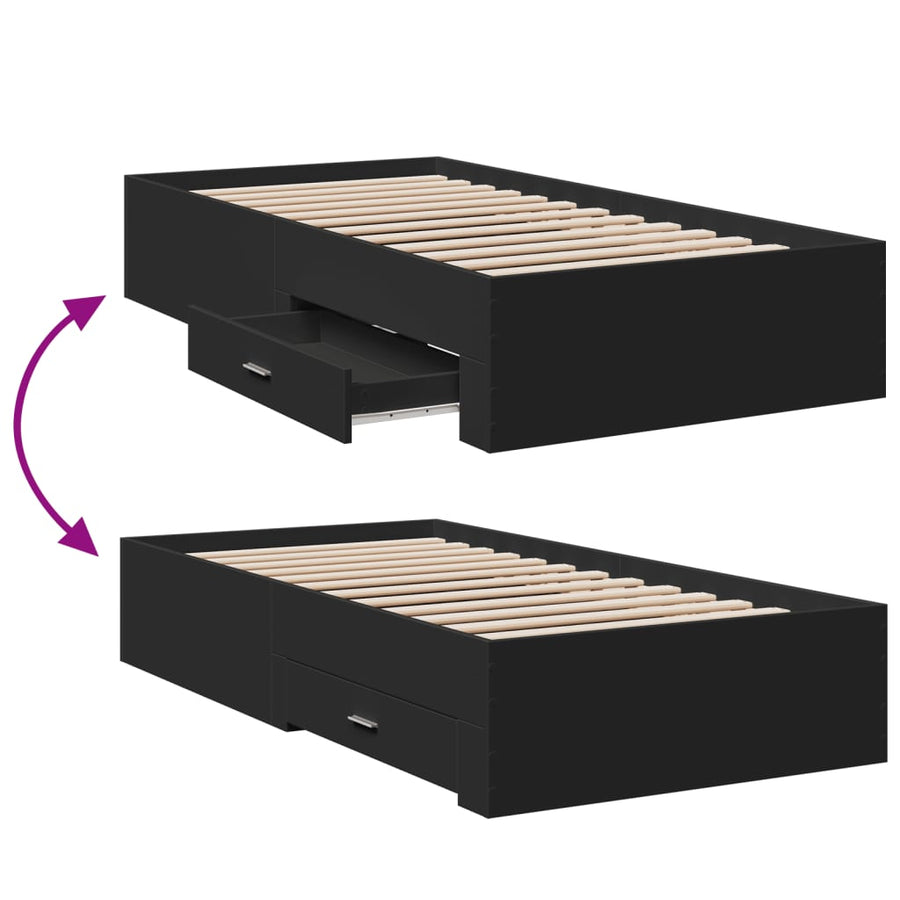 Bedframe met lades bewerkt hout zwart 75x190 cm