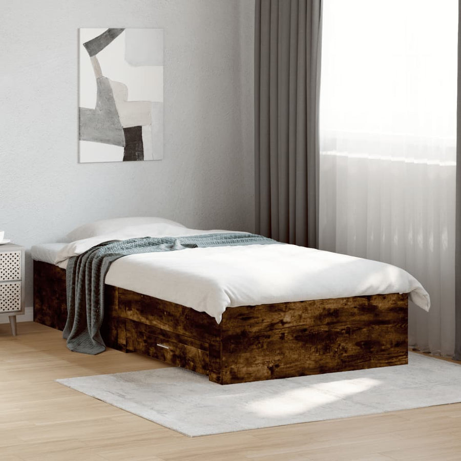 Bedframe met lades bewerkt hout gerookt eikenkleurig 75x190 cm