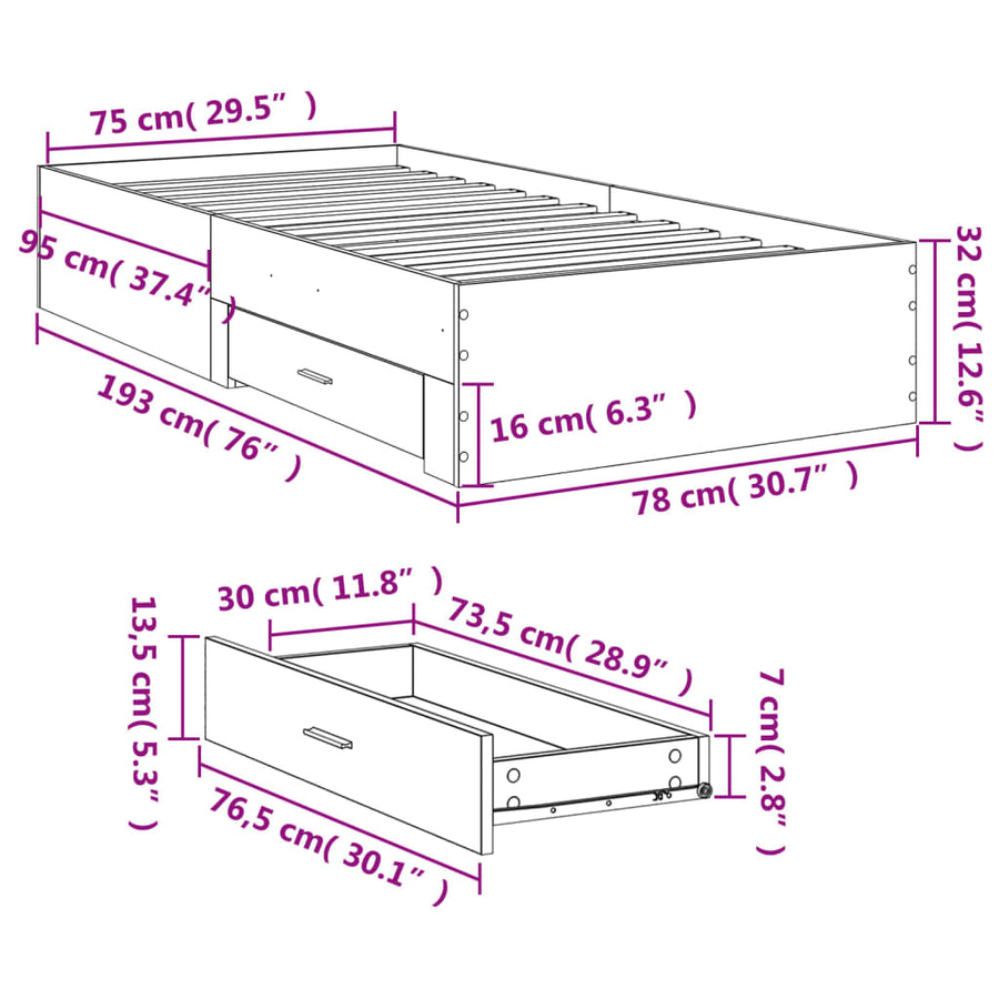 Bedframe met lades bewerkt hout gerookt eikenkleurig 75x190 cm