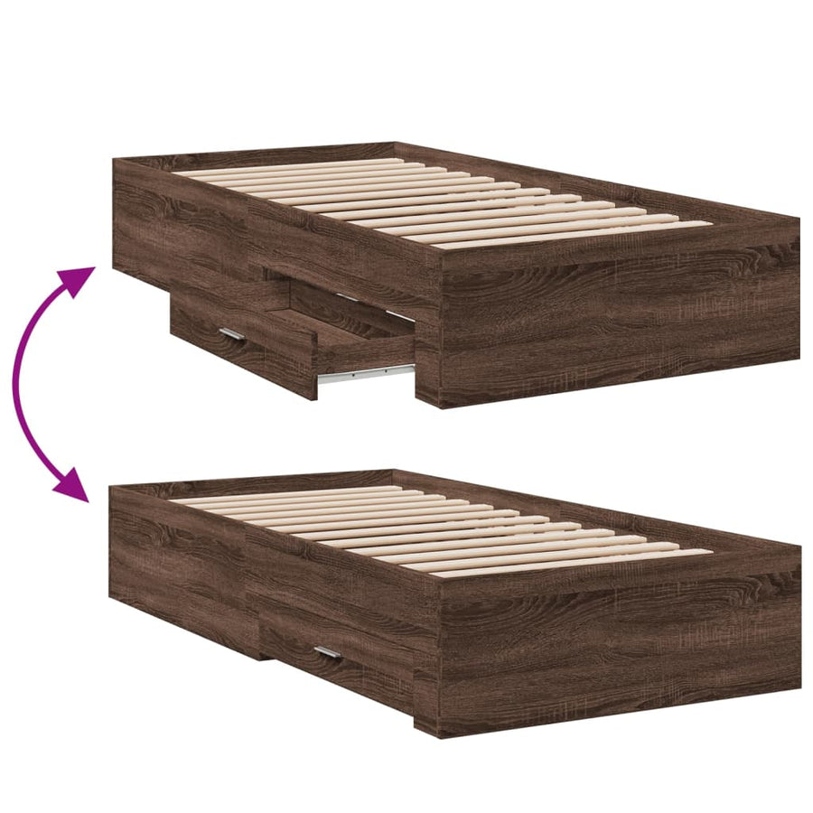 Bedframe met lades bewerkt hout bruin eikenkleurig 75x190 cm