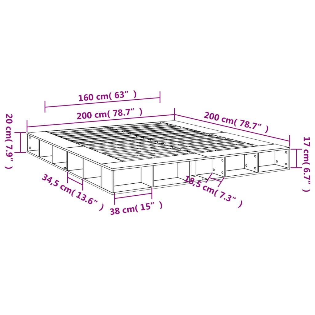 Bedframe massief hout wit 200x200 cm