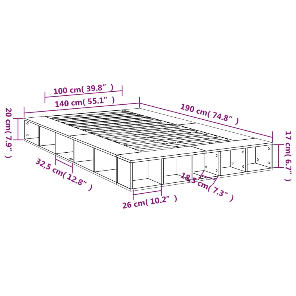 Bedframe bewerkt hout grijs sonoma eikenkleurig 140x190 cm