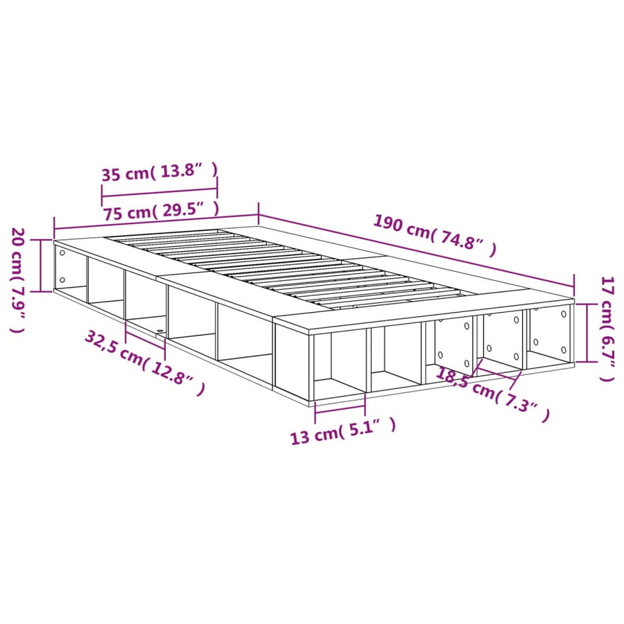 Bedframe bewerkt hout gerookt eikenkleurig 75x190 cm