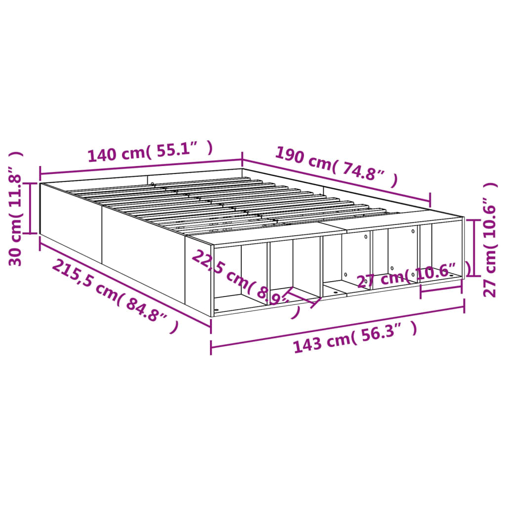 Bedframe bewerkt hout grijs sonoma eikenkleurig 140x190 cm