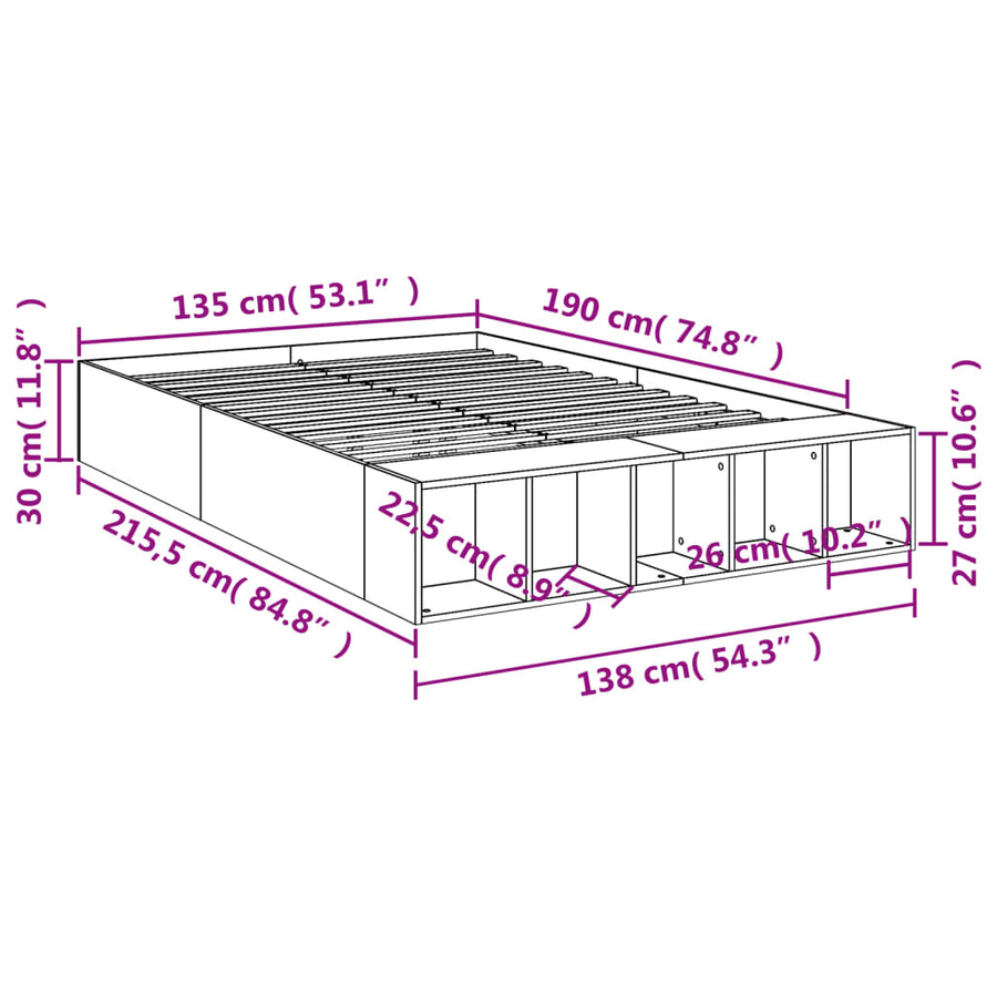 Bedframe bewerkt hout betongrijs 135x190 cm