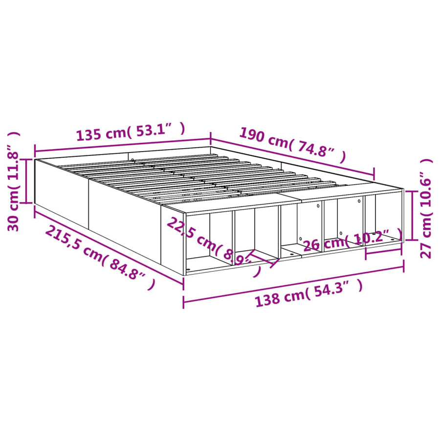 Bedframe bewerkt hout grijs sonoma eikenkleurig 135x190 cm