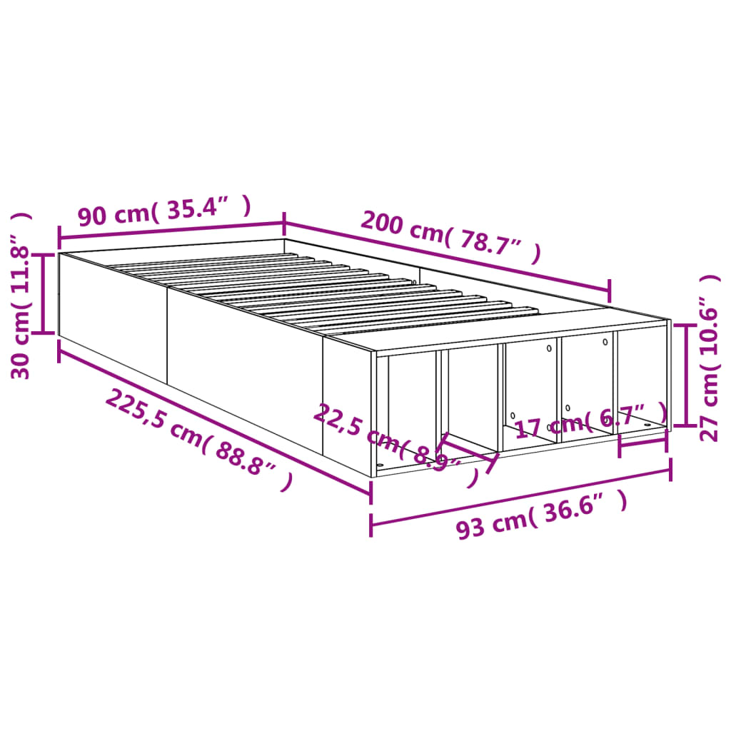 Bedframe bewerkt hout grijs sonoma eikenkleurig 90x200 cm