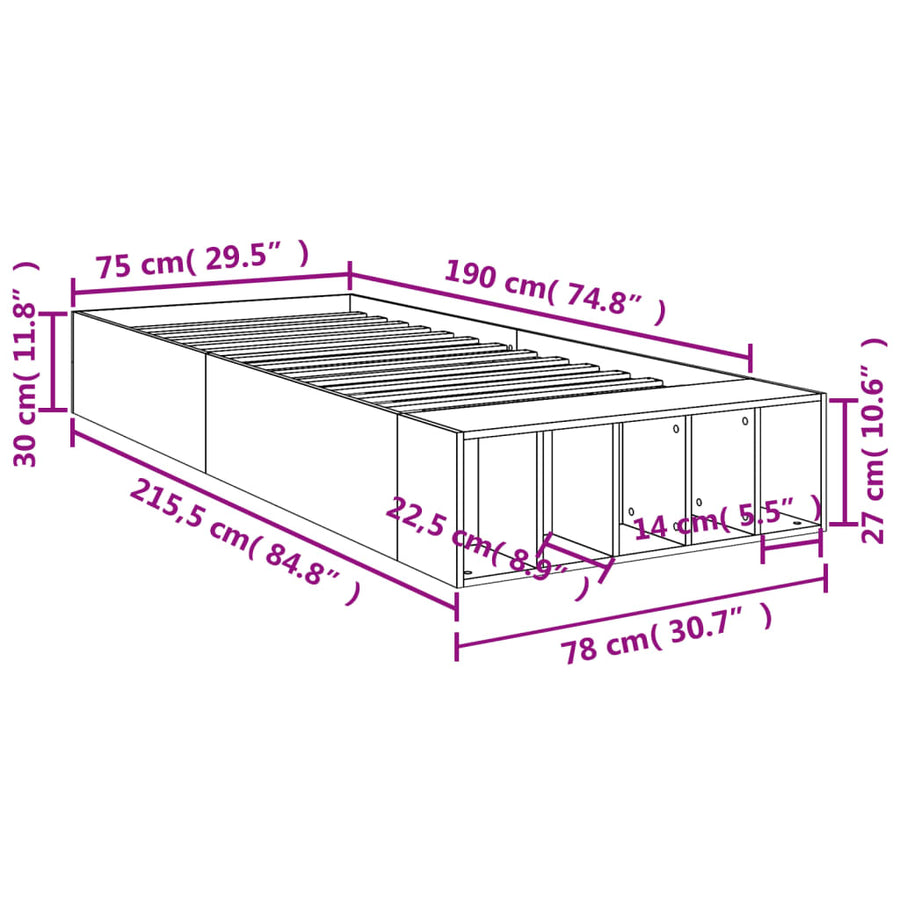 Bedframe bewerkt hout bruin eikenkleur 75x190 cm