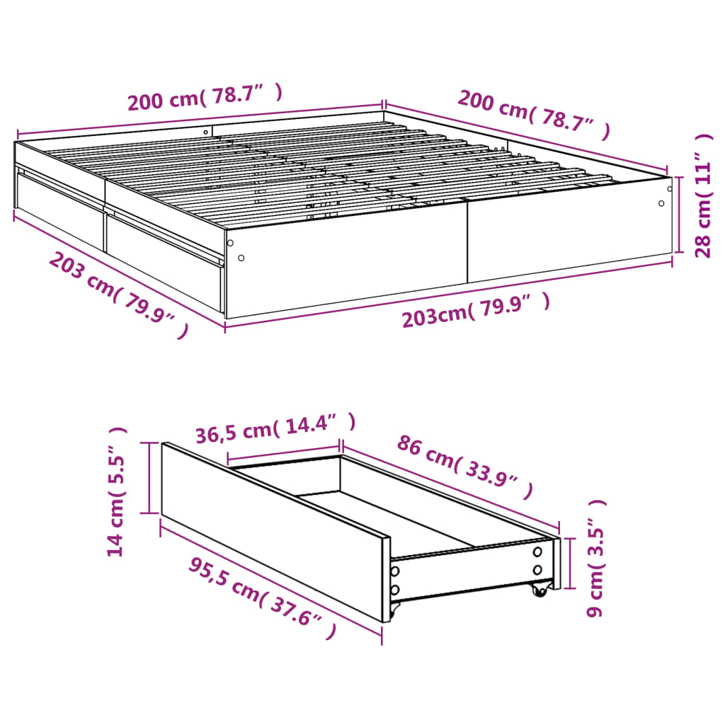 Bedframe met lades bewerkt hout betongrijs 200x200 cm