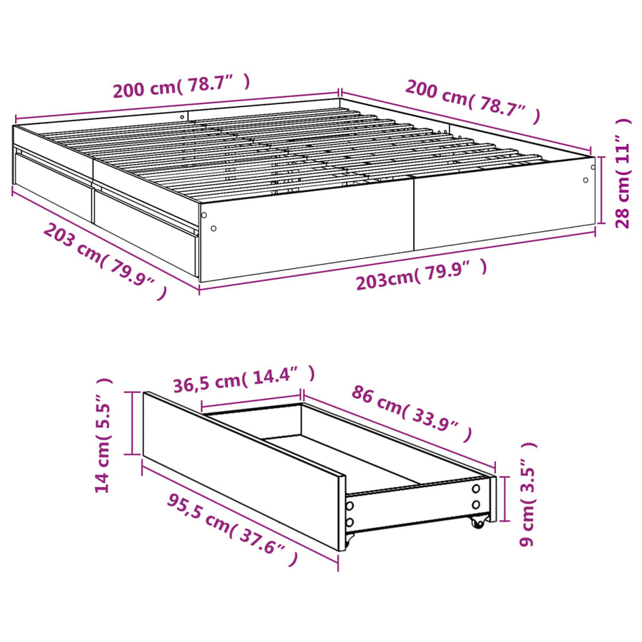 Bedframe met lades bewerkt hout grijs sonoma eiken 200x200 cm