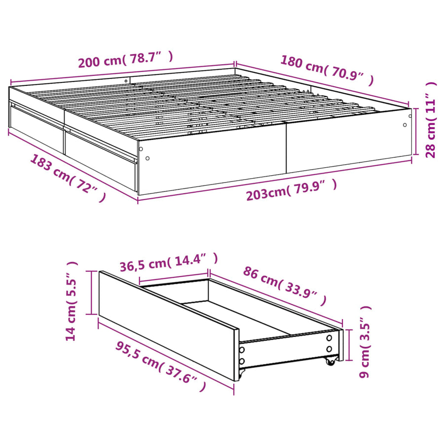 Bedframe met lades bewerkt hout wit 180x200 cm