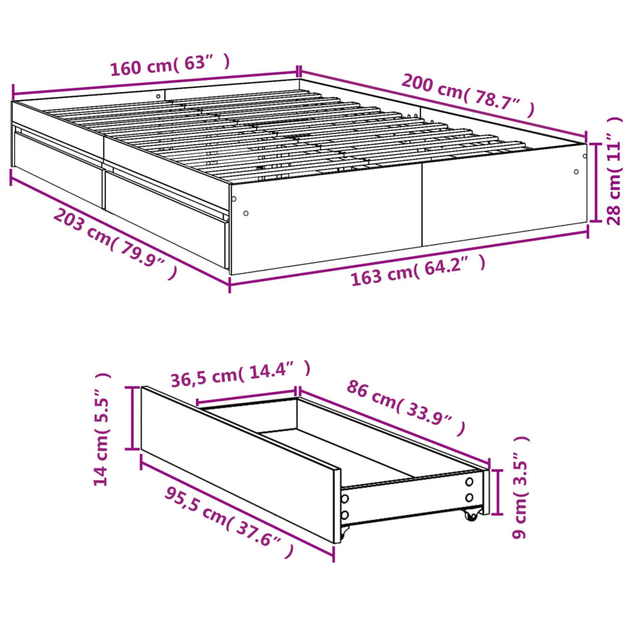Bedframe met lades bewerkt hout gerookt eikenkleurig 160x200 cm