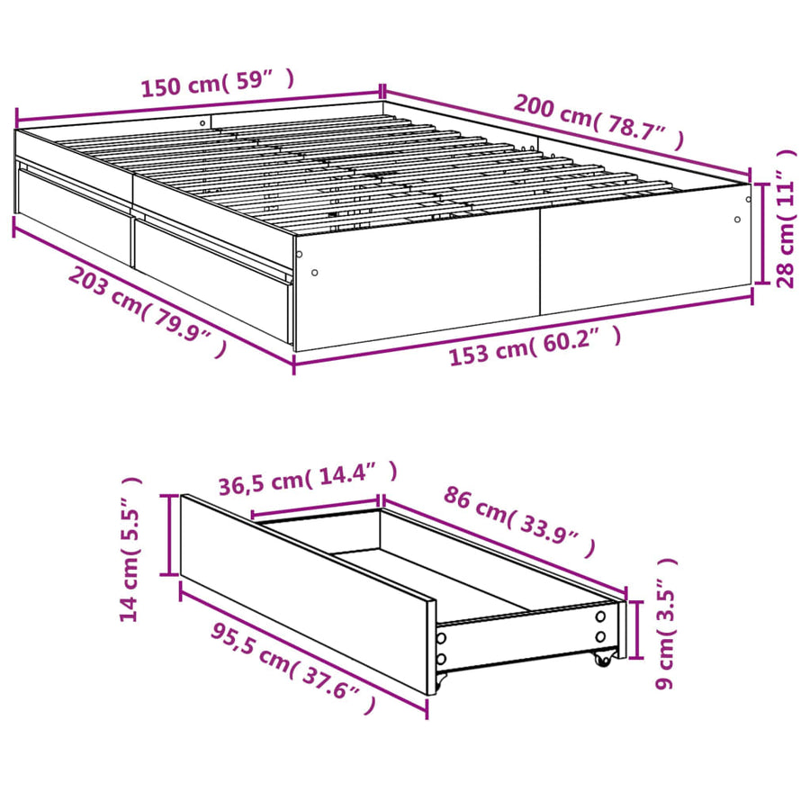 Bedframe met lades bewerkt hout betongrijs 150x200 cm