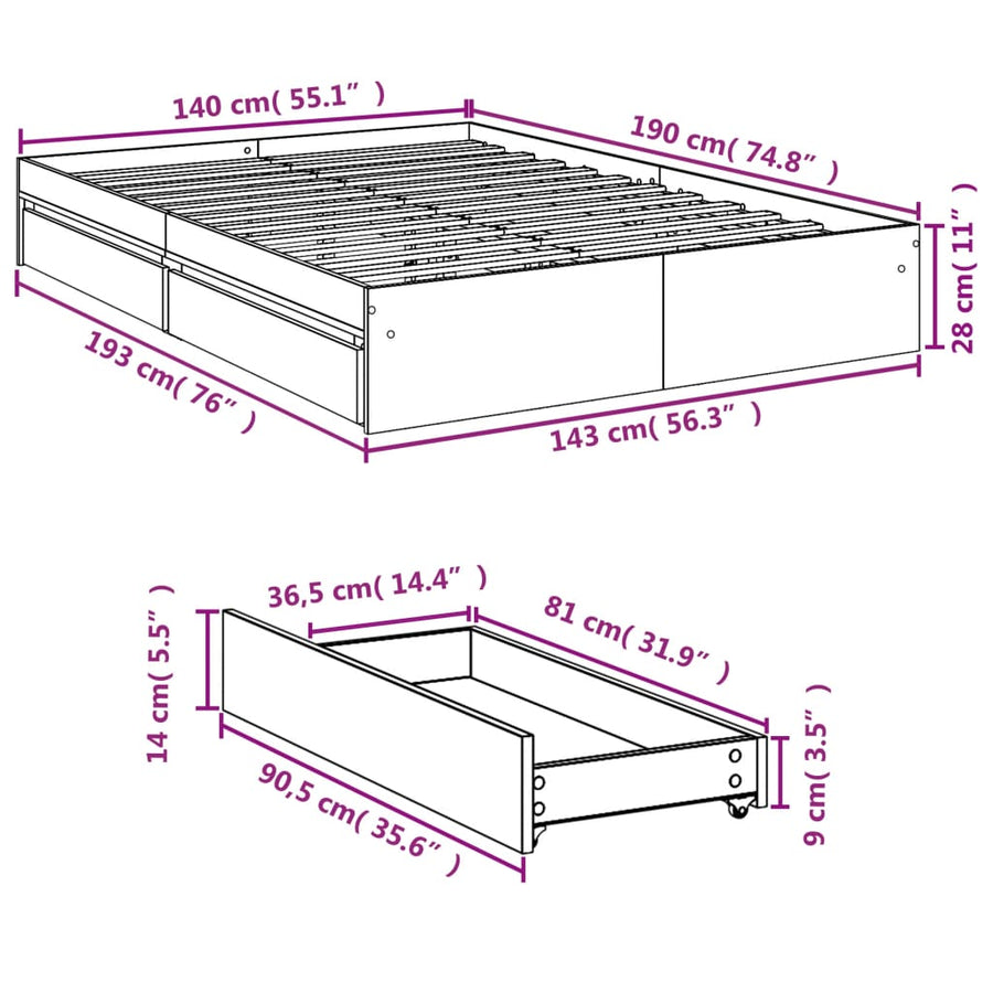 Bedframe met lades bewerkt hout sonoma eikenkleurig 140x200 cm
