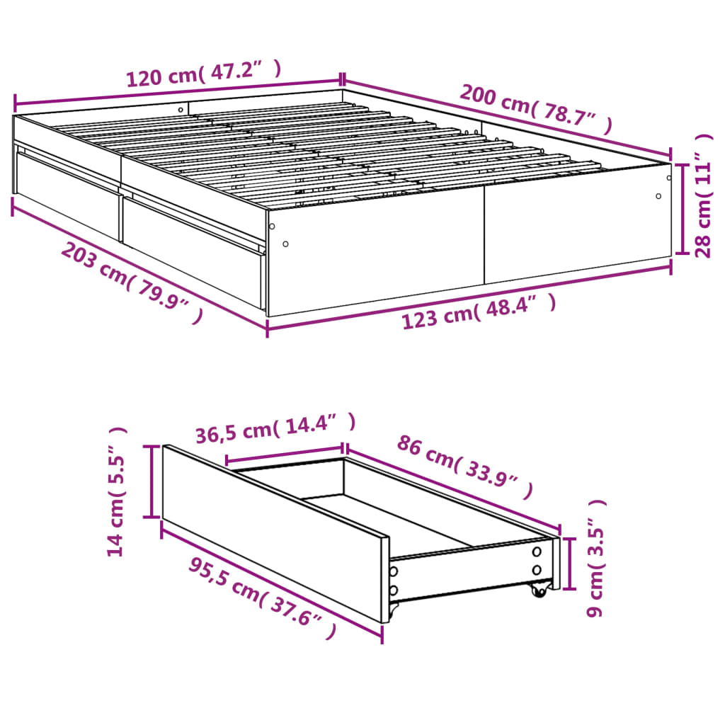 Bedframe met lades bewerkt hout wit 120x200 cm