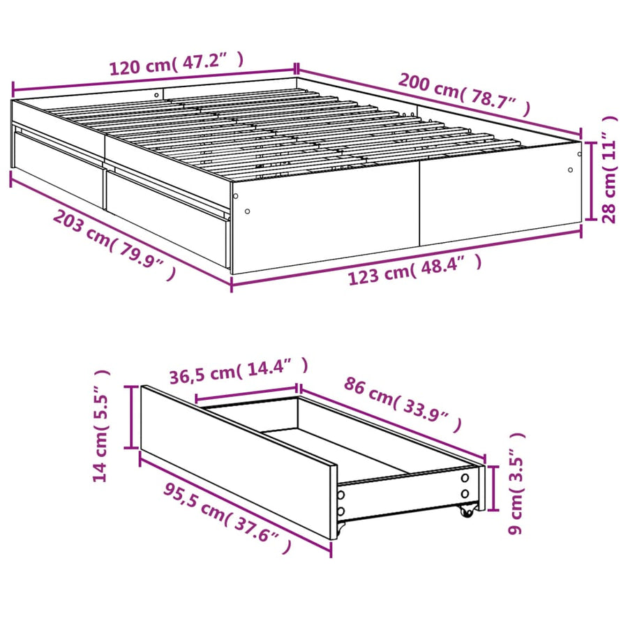 Bedframe met lades bewerkt hout gerookt eikenkleurig 120x200 cm