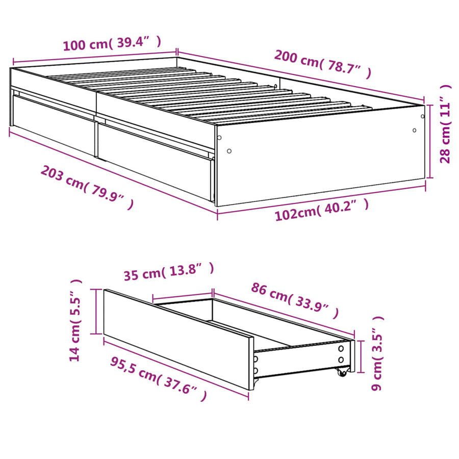 Bedframe met lades bewerkt hout wit 100x200 cm