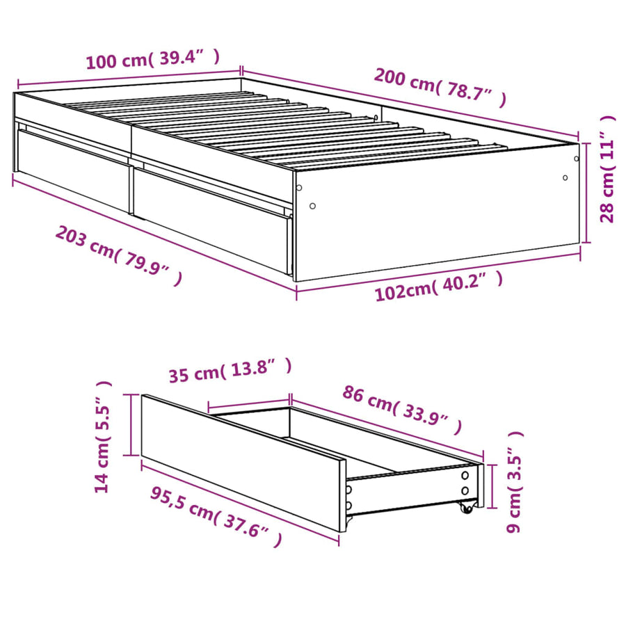 Bedframe met lades bewerkt hout betongrijs 100x200 cm