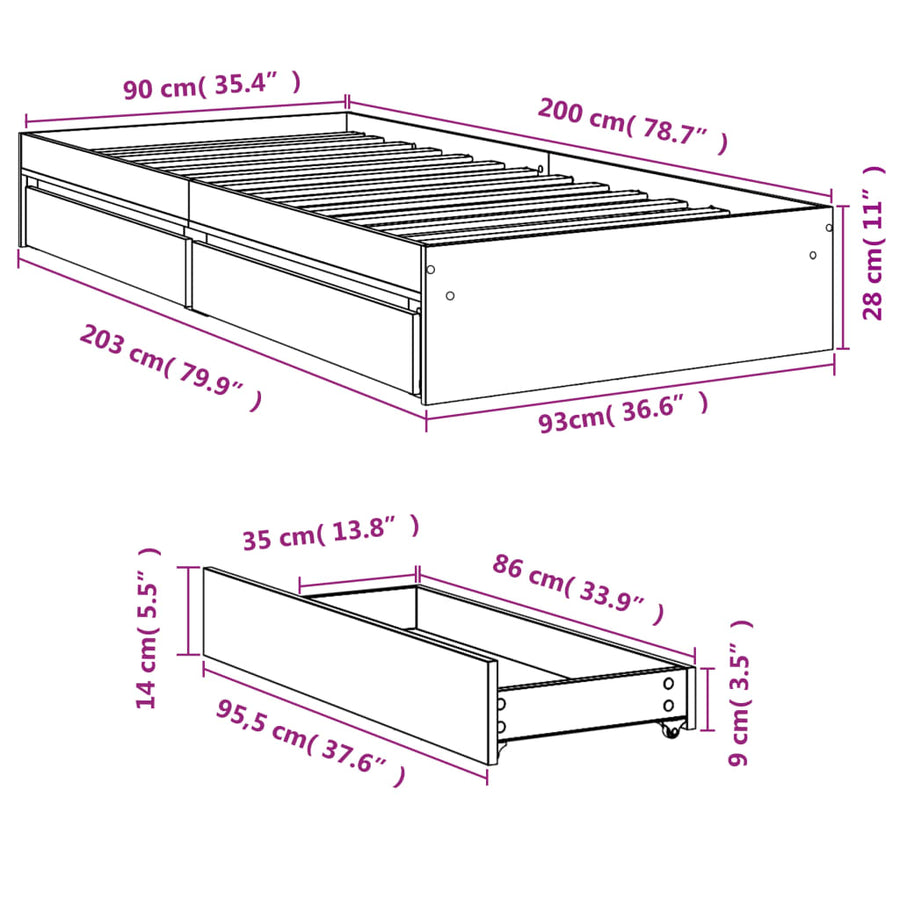 Bedframe met lades bewerkt hout sonoma eikenkleurig 90x200 cm
